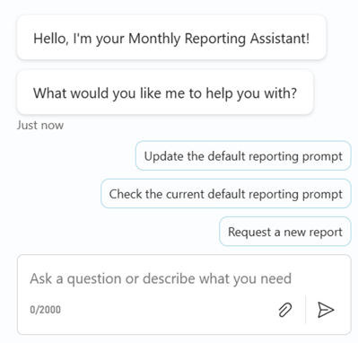 Copilot Studio virtual agent with buttons for updating the AI reporting prompt, checking the default, or requesting a new report.