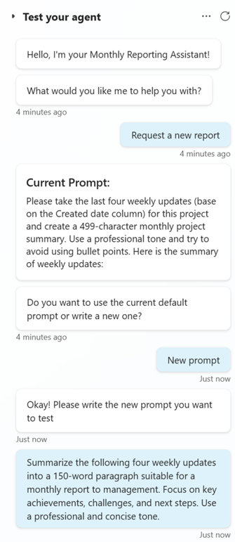 Copilot Studio conversation showing prompt customization for summarizing four weekly updates into a monthly report.
